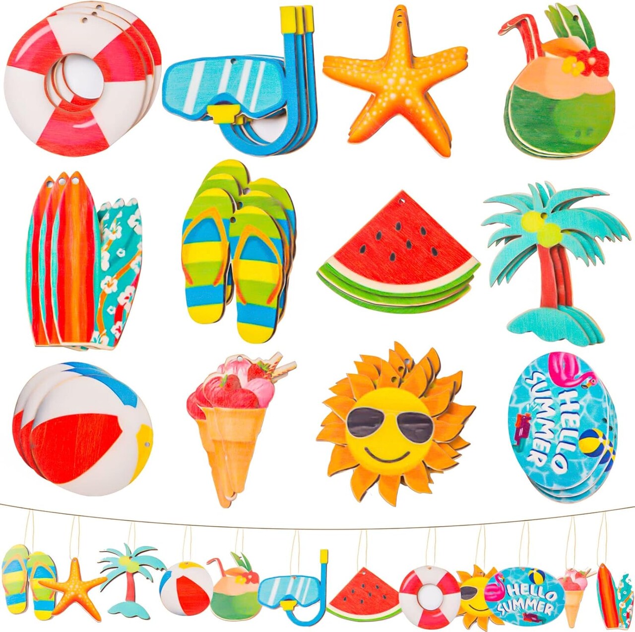 36 Pieces Summer Tree Ornaments Wood Hanging Ornaments Tags Wooden Slices Hawaiian Tree Ornaments Spring Tree Ornaments with Rope Luau Tropical Birthday Party Supplies Summer Decorations for DIY Decor